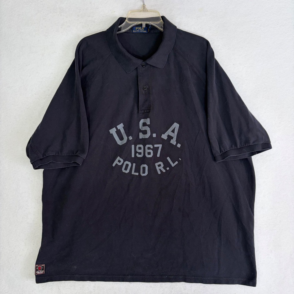 Polo Ralph Lauren Polo Shirt Mens 4XB Black USA 1967 Graphic Logo Raglan Sleeve